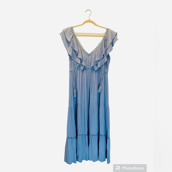 Simplee Tiered Ruffle Lace Inset Flounce Hem Maxi Peasant Dress - Picture 4 of 11